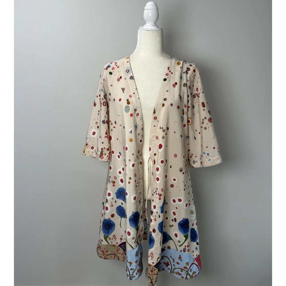 Diane Pieri Womens Size XS Floral Duster Jacket Colorful Art Print Open Front